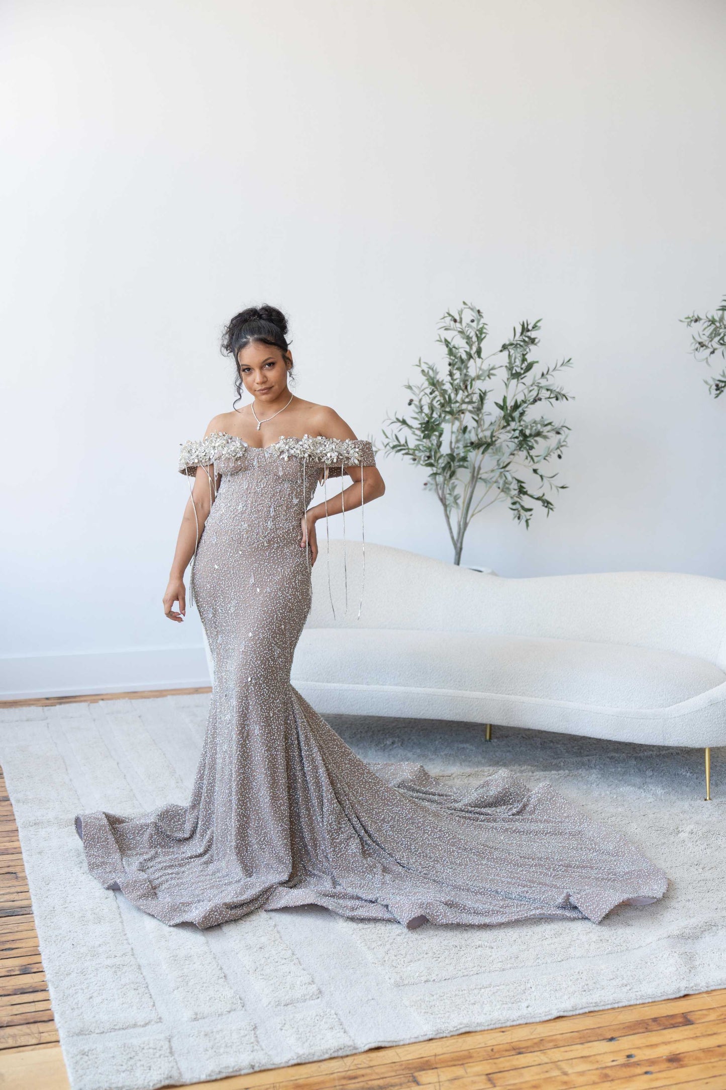 Silver Prom Dress with Nude Underlay