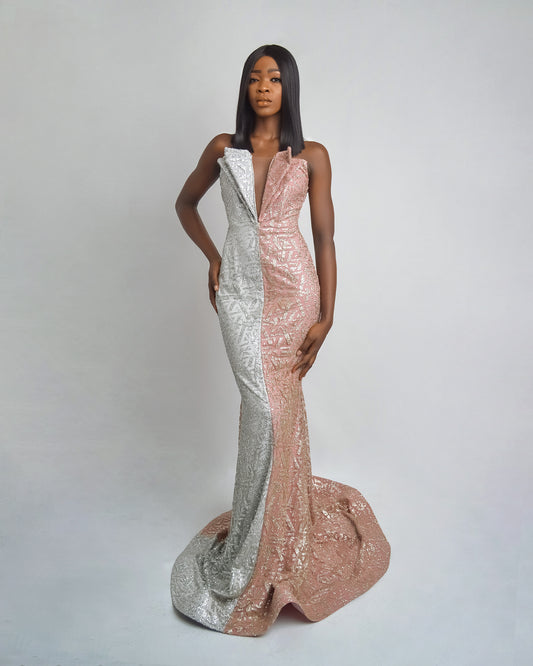Off-Shoulder Grey and Pink Dress