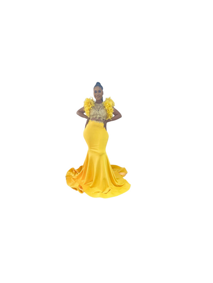 Yellow and Gold Glitters Feather Dress