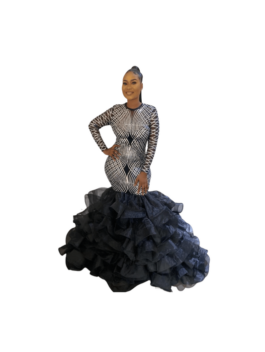Black and Silver Sequenced Ball Dress